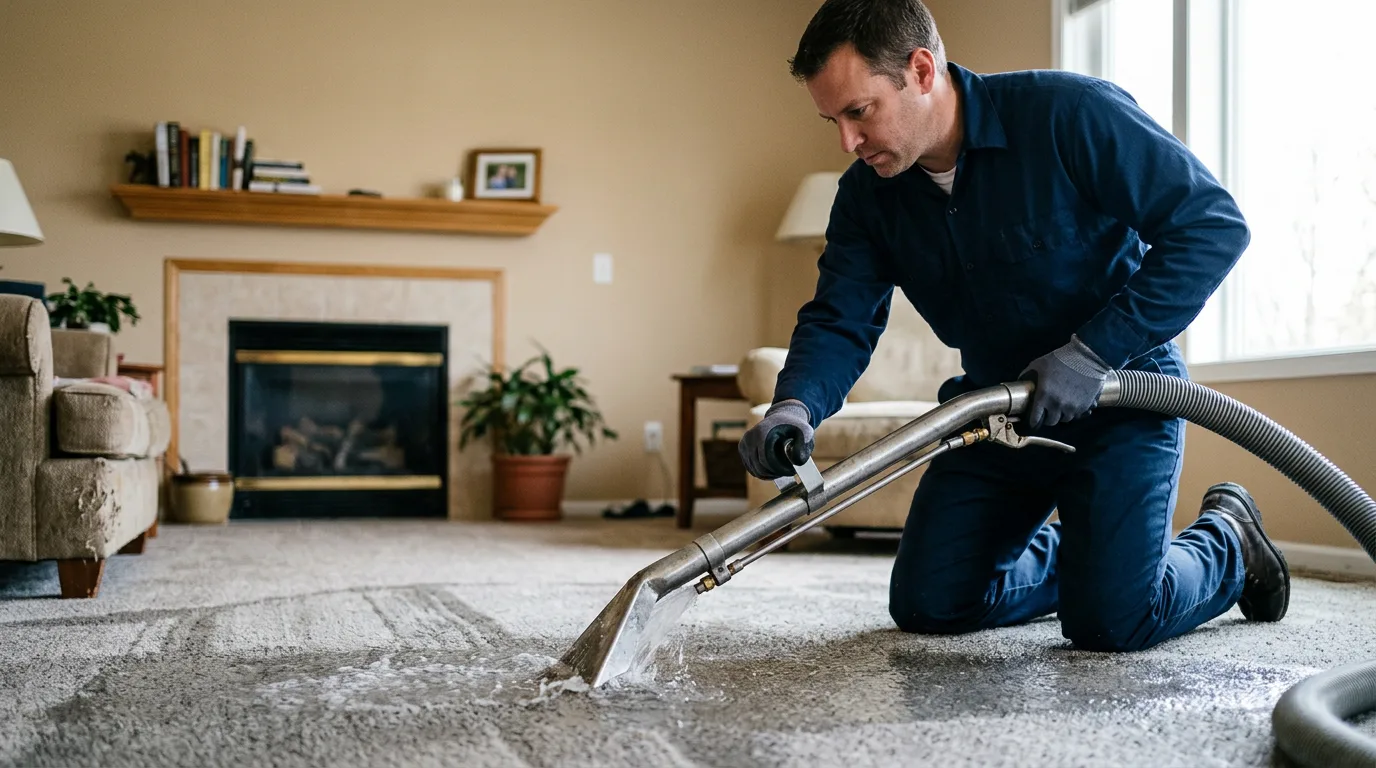 Water damage restoration technician working in a home in Wisconsin